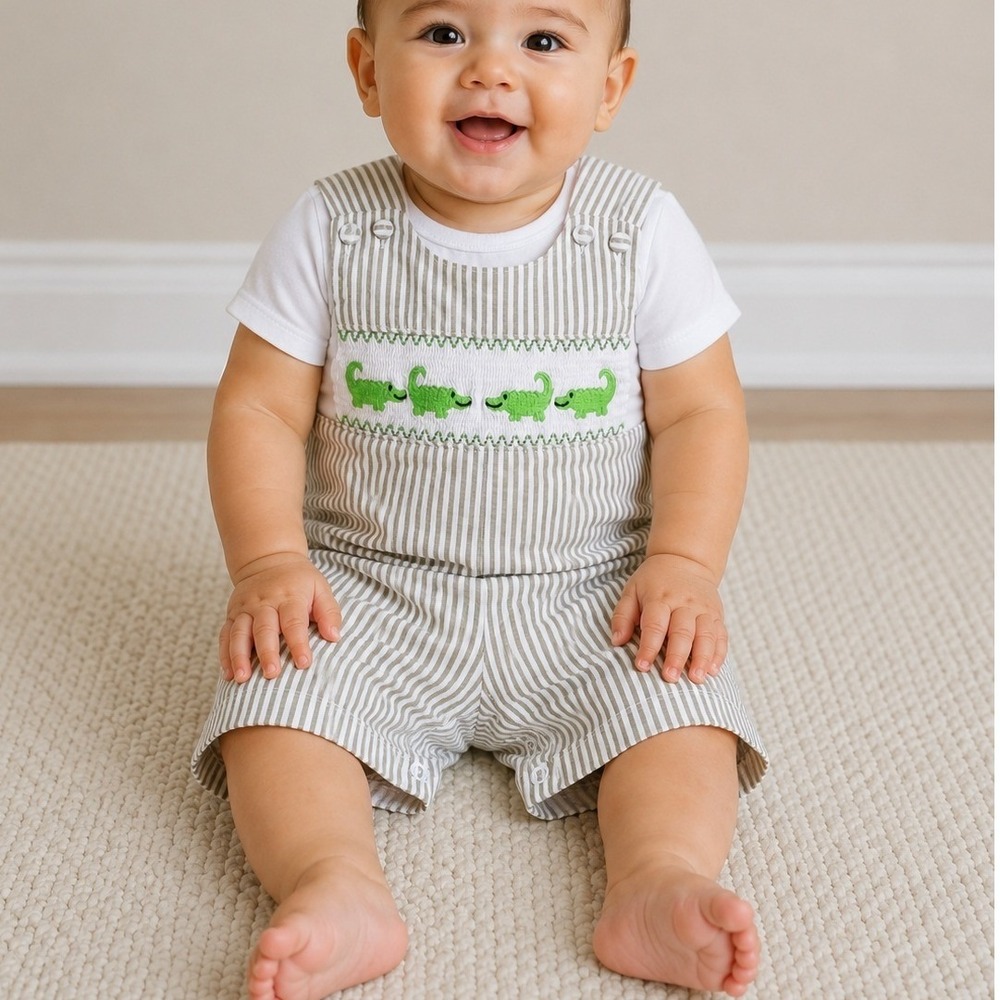 Lil Cactus Baby Boy Smocked Alligator Striped Jon Jon Romper Tan 3-6M